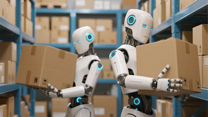Robots handling boxes in warehouse