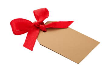 Kraft paper gift tag with a bright red satin ribbon tied in a bow isolated on a transparent background