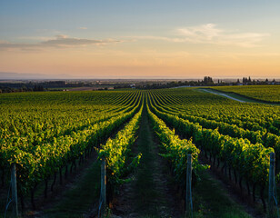 Naklejka premium Scenic vineyard landscape at sunset. Perfect rows of grape vines create leading lines. Ideal for travel, agriculture, or winerelated content. Evokes serenity.