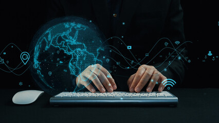 A dynamic visual of hands typing on a keyboard amidst a floating holographic globe and communication icons, symbolizing innovation in digital communication and networking. Cipher