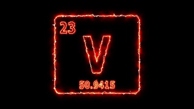 Vanadium - periodic table element symbol hologram, chemical element Periodic Table, atomic weight element number ,glowing on black background in 4K.