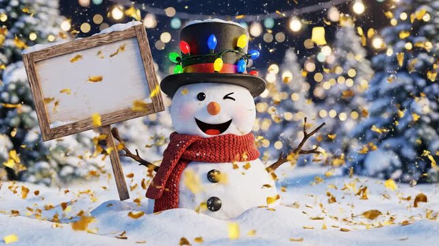 Cheerful snowman with festive hat and sign in snowy winter scene