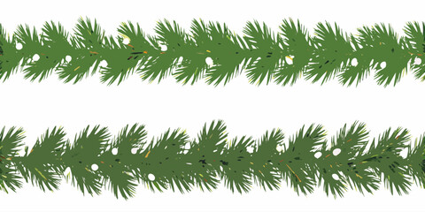 Seamless decorative Christmas border with coniferous branches of colorful Christmas light with festive decoration. © Rabin