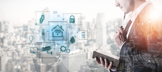 Concept of a smart home and the Internet of Things (IoT). A central system controls home automation features like security, lighting, and climate for modern, convenient living. Fermion