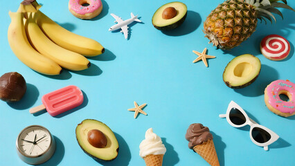 Fruits sweets and travel items on blue