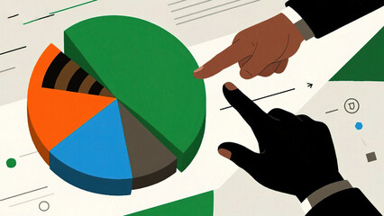 Hands pointing at pie chart