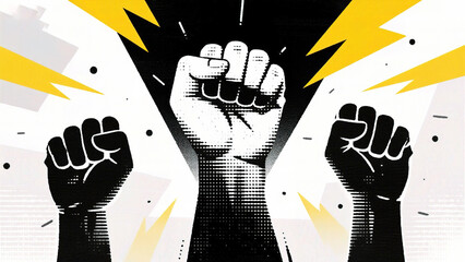 Fists raised with lightning bolts