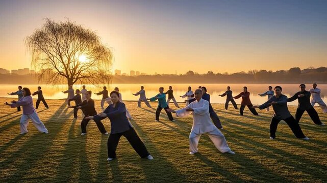 Group Tai Chi Practice in Nature at Sunrise for Wellness.