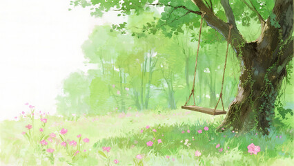 Swing under tree in serene landscape