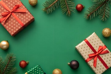 Christmas gift boxes with decorations and tree on festive background