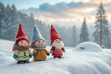 Children playing with snow and building a snowman during winter holiday celebration