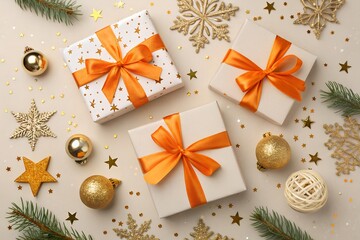 Christmas gift boxes with festive decorations and a Christmas tree in the background