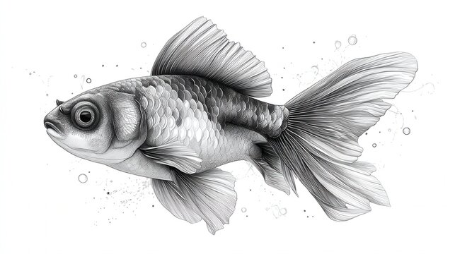 Detailed monochrome illustration of a single goldfish swimming with bubbles