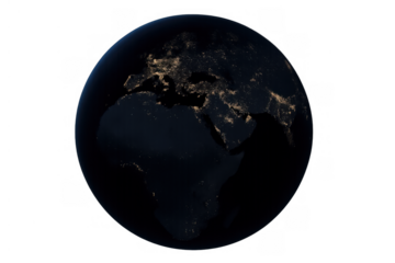 Earth planet with city lights over europe and africa at night, global communications and technology concept, transparent background