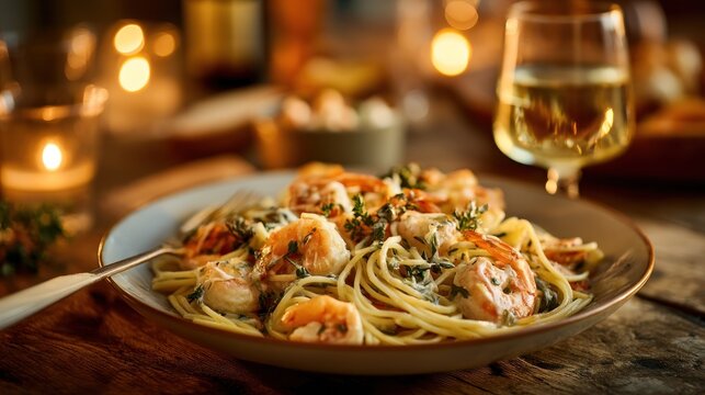 A plate of shrimp pasta with a fork, a glass of white wine, and a lit candle on a wooden table with a rustic setting. - Powered by Adobe