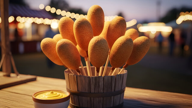 Golden corn dogs on sticks served at an outdoor evening festival with bokeh lights