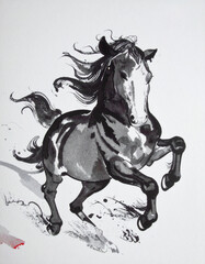 A brush-drawn ink painting of a horse in motion　筆で描いた躍動する馬の墨絵
