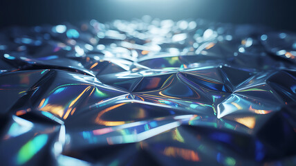 Abstract holographic surface with shimmering iridescent light reflections and geometric patterns