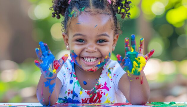 Close-up portrait of a joyful Black toddler girl with pigtails, laughing with her hands and face covered in bright primary colors of paint while creating art outdoors.