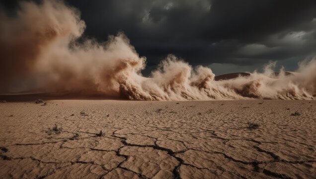 Dramatic dust storm engulfs arid desert landscape under stormy skies. - Powered by Adobe