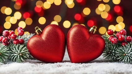 Romantic christmas still life with two red heart ornaments snowy branches and bokeh lights for holiday season