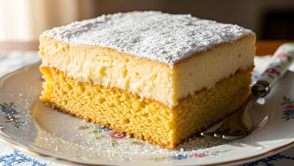 A delicious slice of two layer cake topped with powdered sugar on a floral plate