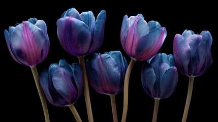 A group of seven blue and purple tulips with black background