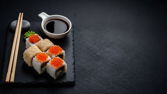 Delicious Sushi Rolls with Soy Sauce and Chopsticks on Dark Slate maki japanese food - Powered by Adobe