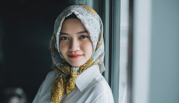 Portrait of an indonesian woman wearing a patterned hijab and white shirt, smiling, natural light, indoors.