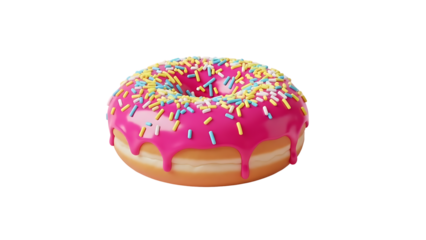 A delicious donut with pink frosting and colorful sprinkles