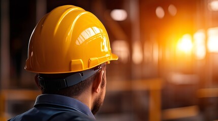 Worker wearing hard hat in industrial setting with sunlight