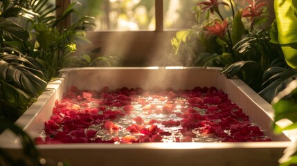 Bathtub with red rose petals and steam, tropical spa relaxation