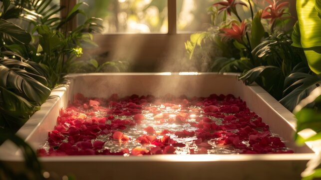 Bathtub with red rose petals and steam, tropical spa relaxation - Powered by Adobe