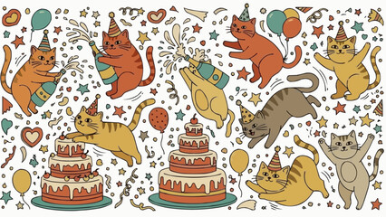 Obraz premium Cute Cats Celebrating Birthday Party with Cakes and Balloons.
