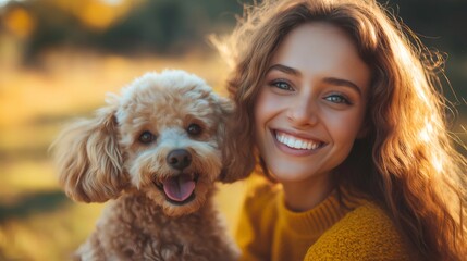 Woman smiling with happy poodle dog outdoors