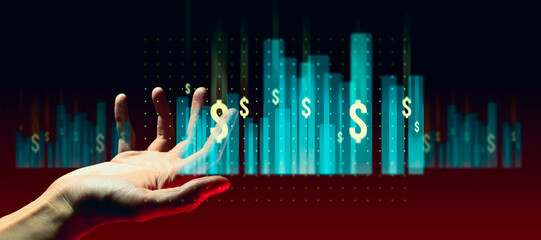 hand of businessman interactive touching a holographic financial growth graph chart system network and technology, success of trading innovation