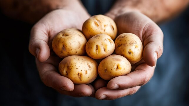 Farmer hands holding organic fresh potatoes harvest
