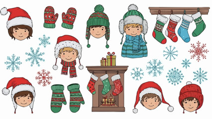 Christmas Winter Holiday Kids Faces with Hats Mittens Fireplace and Snowflakes.