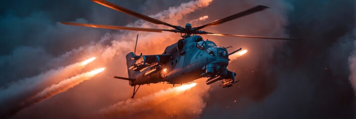 Obraz premium Military attack helicopter firing flares during combat operation