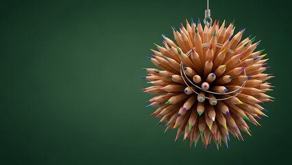 Sphere of Colored Pencils Suspended Against a Dark Green Background ball