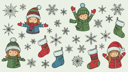Children in winter clothes with snowflakes and Christmas stockings.