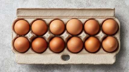 Close up of a dozen organic brown eggs in a carton