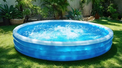 An inflatable pool takes center stage in a lush backyard filled with vibrant green plants. Water splashes as people enjoy a fun summer day under the sun.