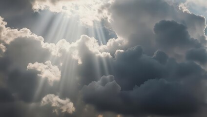 Dramatic Sun Rays Breaking Through Dark Storm Clouds in Sky.