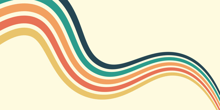 Abstract colorful 70s background vector. Vintage retro wallpaper with rainbow stripes and wavy lines. A 1970 color illustration suitable for posters, banners, decorative items and wall art.