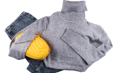 Cozy Grey Turtleneck Sweater and Yellow Purse Flat Lay
