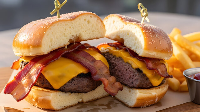 Two delicious bacon cheeseburgers with melted cheddar cheese and crispy bacon served with french fries - Powered by Adobe