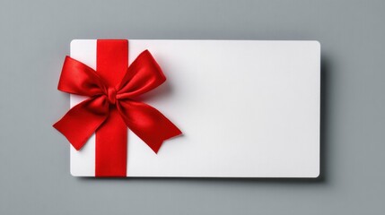 A simple elegant white gift box adorned with a bright red ribbon rests on a soft gray surface. It is perfect for various occasions like birthdays holidays or special events.