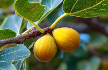 Obraz premium Ripe golden figs, displaying textured skin, attached to a brown branch with green leaves, natural light.
