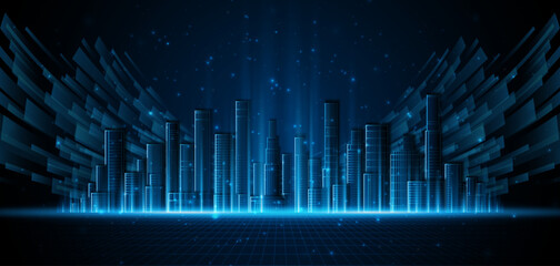 Smart city technology. Future technology city architecture concept. Digital hi-tech city design. Technology city background.	